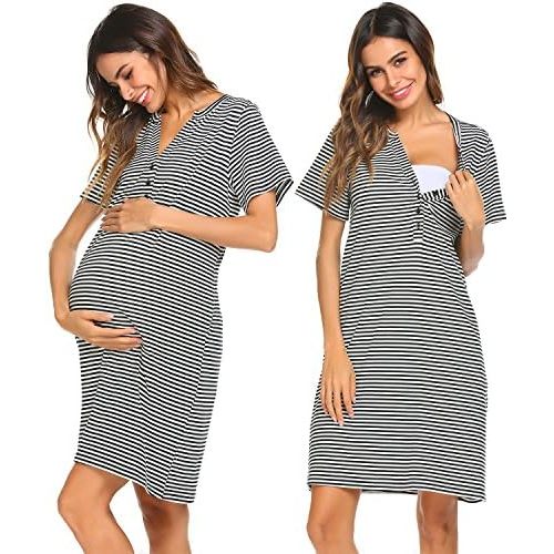 Ekouaer Nursing Nightgown Striped Women Short Sleeve Breastfeeding Sleep Dress Maternity Delivery/Labor Gown