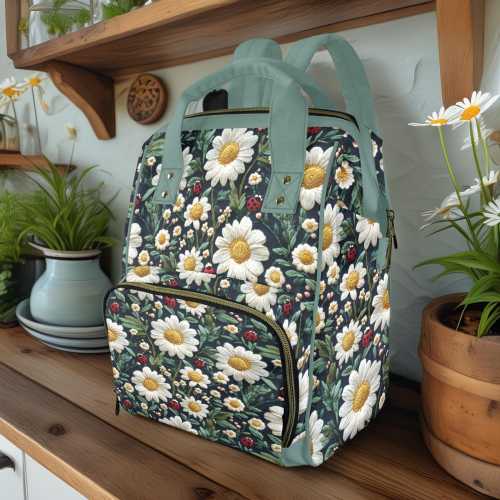 Whimsical Daisy Ladybug Backpack – Cottagecore Floral Multifunctional Diaper Bag Backpack, Fairy Goblincore Baby Shower Gift for Witchy Moms