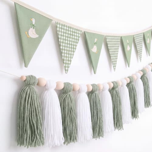 One Silly Goose Birthday Banner and Tassel Garland Silly Goose 1st Birthday Party Decorations Fabric Bunting Garland for Nursery Room (Sage Green)