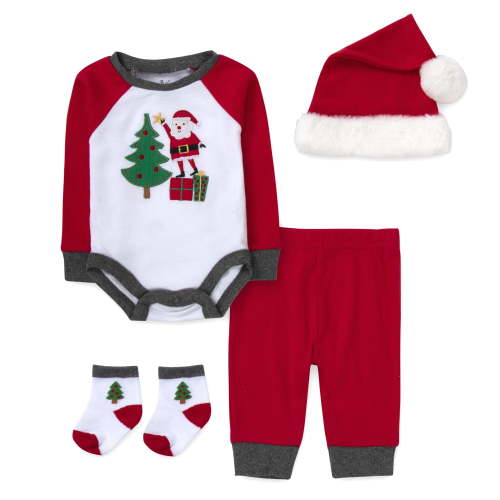 Baby Essentials Long Sleeve Embroidered Santa Claus at Christmas Tree Snap Romper with Matching Santa Hat, Jogger Pants & Socks Set for Newborns & Infants 6 Months for Holiday, Celebrations & Photos