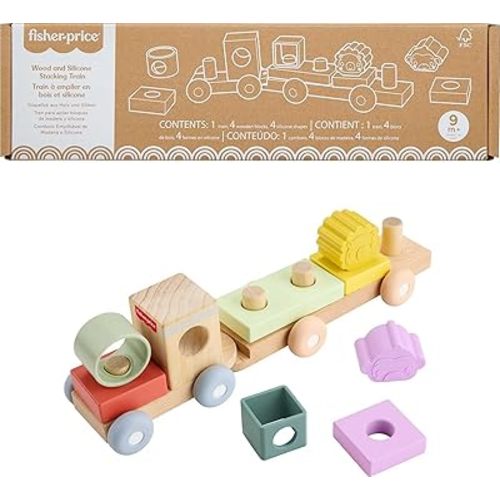 Fisher-Price Wood Baby Toy Stacking Train, 9-Piece Activity with Silicone & Wooden Blocks for Infants & Toddlers Ages 9+ Months