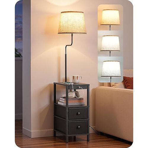 EDISHINE Floor Lamp with Table, USB-A+Type-C Port, Dimmable Bedside Floor Lamp with Shelves, Farmhouse Remote Nightstand Light for Living Room, Bedroom, Den, Office, Bulb Included, Black