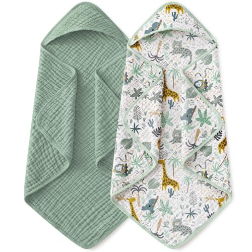 Yoofoss Hooded Baby Bath Towels 2 Pack 100% Muslin Organic Cotton with Hood | for Newborn, Babies, Infant, Toddler and Kids, 32x32 Inch, Soft and Absorbent, Baby Essential, Green Giraffe