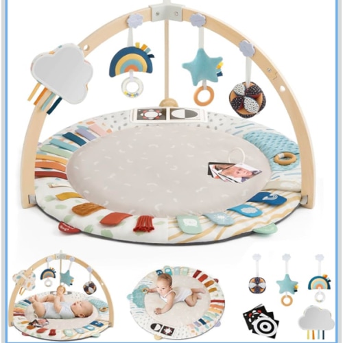 Blissful Diary Baby Play Gym & Activity Mat, 5 Developmental Zones Wooden Tummy Time Mat with 5 Detachable Sensory Toys for Motor Skills & Sensory Development, Baby Essentials Shower Gift
