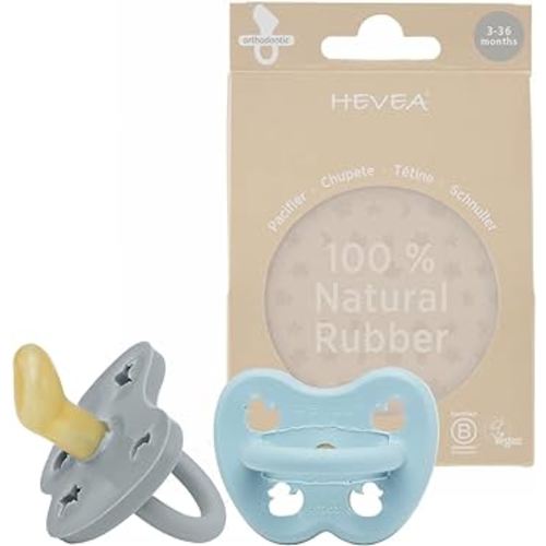 HEVEA Natural Rubber Pacifier Orthodontic 3-36 Months – Hygienic One Piece Design for Newborns to Toddlers, BPA-Free, Soft & Durable - Two-Pack (Maya Blue & Thunder Grey)