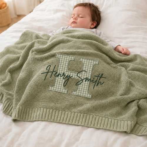 Personalized Monogram Baby Blanket, Custom Embroidered Name Knit Blanket, Gingham Initial Baby Gift, Newborn Keepsake, Nursery Keepsake Gift
