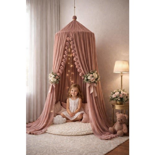 Large Dusty Rose Kids Bed Canopy, Montessori Play Tent With Pompoms, Playhouse Tent for Toddler, Dreamy Baby Room Gift, Tulle Princess Tent,