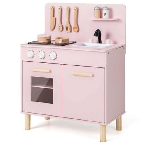 Costway Kids Kitchen Playset with Light up Stove & Cooking Sounds Oven Sink Faucet Pink