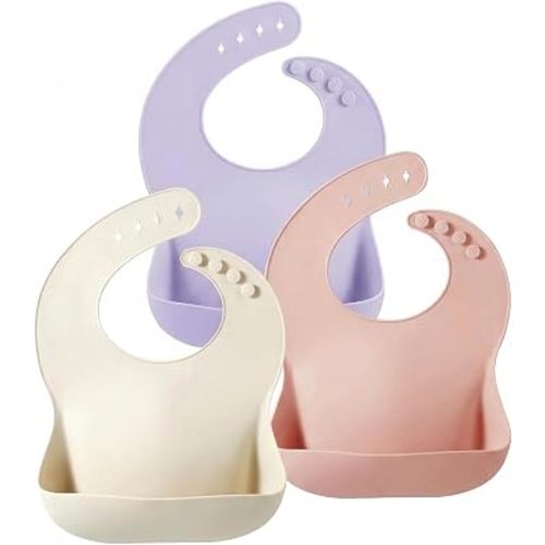 PandaEar Set of 3 Silicone Baby Bibs Waterproof, Soft, Unisex, 10-72 Months (Pink/Purple/Linen)