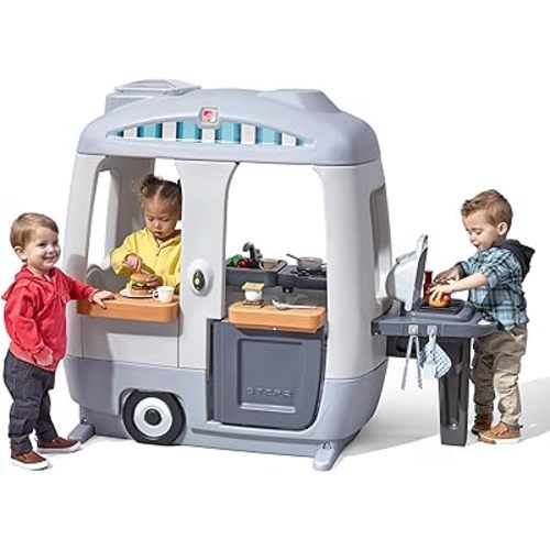 Step2 Adventure Camper Kids Playhouse, Indoor/Outdoor Playset & Kitchenette, Interactive Play with Sounds, Includes 52 Piece Toy Accessories, Made of Durable Plastic, For Toddlers 2+ Years Old