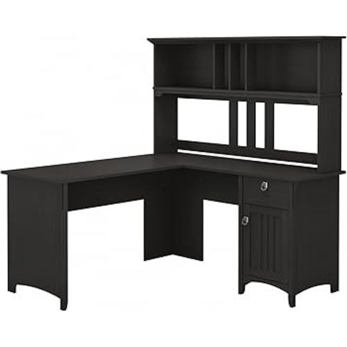 Bush Home Salinas L Shaped Desk with Hutch in Vintage Black | Corner Table with Drawers and Storage for Home Office