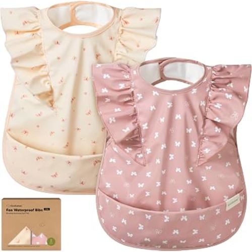 KeaBabies Waterproof Bibs for Baby Girl,Boy, 2-pk Lightweight (Butterflies) | Large Baby Bibs for Eating, Wearable Food Catcher, 6-12 Months Baby Feeding Essentials, Smock Bib for Toddlers 1-3, Kids