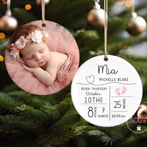 Custom Baby Birth Stats Ornament, Personalized New Baby Ornament, Baby Photo Ornament, Baby Keepsake, Baby Shower Gift, New Parent Gift