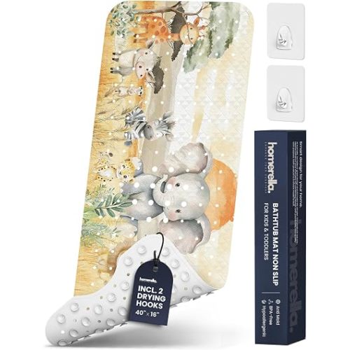 Bath Tub Mat Non Slip Anti Mold for Kids BPA Free INCL Hooks - homerella® Ocean Sea Animals 40x16, Baby Bath Mat Non Slip 200 Suction Cups, Non Toxic Machine Washable Toddler Bath Mat, EU Certified