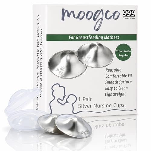 MOOGCO Silver Nursing Cups - 999k Silver Nipple Shields for Breastfeeding - Most Durable, Chemical-Free Nipple Protection (Regular, Set of 2)