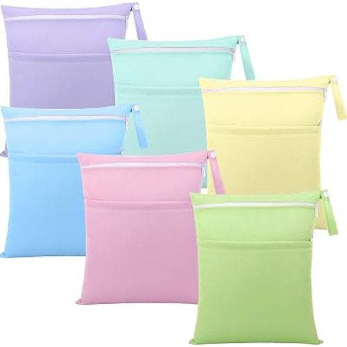 SATINIOR 6 Pack Wet Dry Bags for Baby Cloth Diapers Washable Travel Swimsuit Wet Bags Reusable with Two Zippered Pockets for Yoga Gym Beach Pool Soiled Items (12" X 14",Mermaid Color)