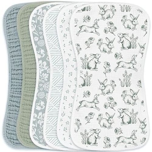 Konssy Muslin Baby Burp Cloths Sets for Unisex- 6 Pack Large 100% Cotton Adorable Printed Burping Clothes for Newborn, Baby Girls and Boy, Caramel