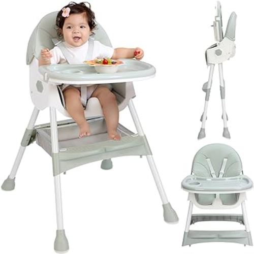 High Chair, 3-in-1 High Chairs for Babies and Toddlers, Five Point Seat Belt, Double Large Tray, Backrest & Height Adjustable, Foldable Baby High Chair ,for Ages 6 Months and Up,Unisex Design