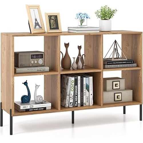 Tangkula 6 Cube Low Bookshelf, 2-Tier Short Wood Storage Open Bookcase with Elevated Metal Legs, 5-Position Adjustable Shelf, Anti-toppling Device, Freestanding Organizer for Home Office (Natural)