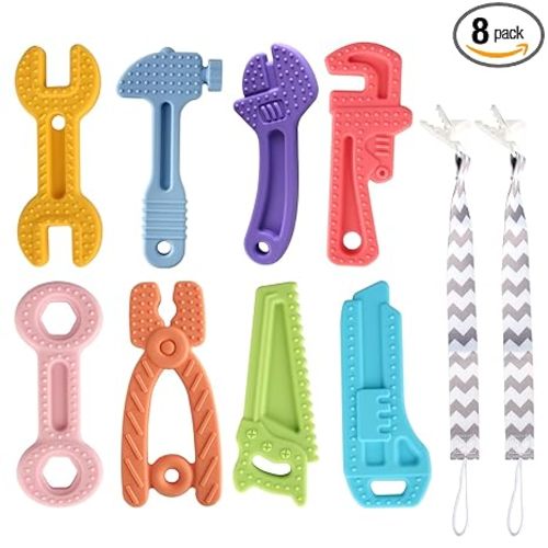 Yinghezu 8 Pack Chew Baby Teething Toys for 0-12 Months, Freezable BPA Free Silicone Baby Molar Teether Chew Toys, Hammer Wrench Spanner Pliers Hand Saw Shape Baby Girl's Boy Car Seat Toy