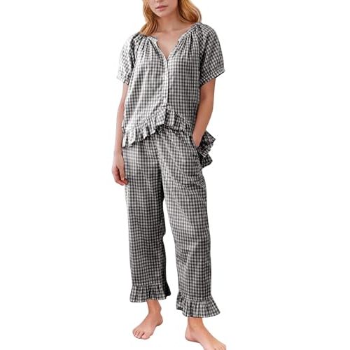 Flygo Womens Plaid 2 Piece Pajamas Sets Gingham Button Down Puff Sleeve Babydoll Shirt Ruffle Pants Y2K Pjs Lounge Set