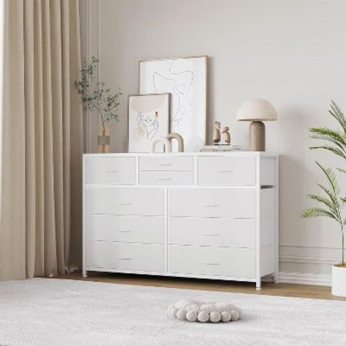 Fabric Dresser for Bedroom with 10 Drawers, Modern Storage Unit for Bedroom & Cloakroom, Wooden Top TV Stand Dressers for 55” TV for Living Room