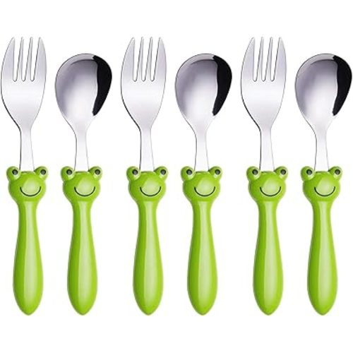 ANNOVA Kids Silverware 6 Pieces Set Children's Flatware - Stainless Steel Cutlery - 3 x Safe Forks, 3 x Dinner Spoons - Safe Toddler Utensils Without Knives for Lunch Box BPA Free (Frog x 6 PCS)