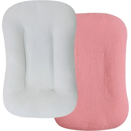 Muslin Baby Lounger Cover 2 Pack, Organic Cotton Removable Slipcover for Newborn,Baby Padded Lounger Infant Floor Seat Cover for Boys Girls (Gray Flesh Pink)