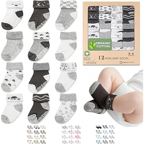 Orgain Cotton GOTS Certified Baby Socks 12 Pairs for Newborn Girls 0-6 Months, Soft Breathable Infant Socks, Cute Little Girls Socks, Baby Registry Essential