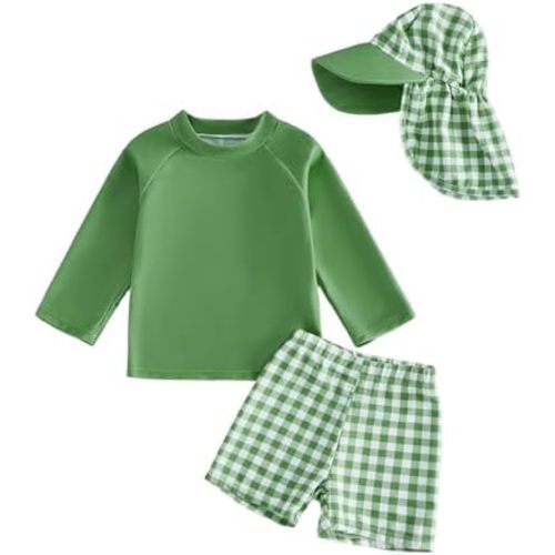 Toddler Boy 4th of July Swimsuit Long Sleeve Rash Guard Shirt Swim Trunks Sun Cap 3 Piece Baby Bathing Suit