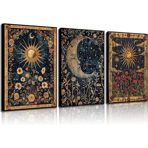 3pcs Sun and Moon Celestial Canvas Wall Art Tarot Crescent Moon Picture Wall Decor Gothic Wildflowers Painting Posters Print Artwork Aesthetic Dark Academia Vibe for Bedroom Home Decor(12x16in)