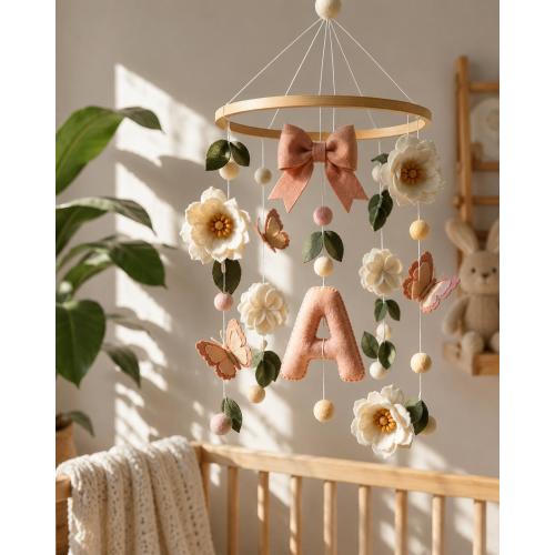 Personalized Floral Baby Mobile, Felt Flower Nursery Mobile, Butterfly Crib Mobile, Custom Name Baby Girl Nursery Decor, Boho Baby Mobile