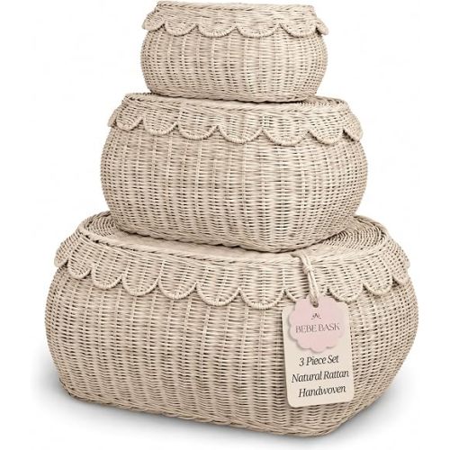 BEBE BASK Large Scalloped Basket Set Of 3 - Storage Basket 22 x 16 x 10 In
