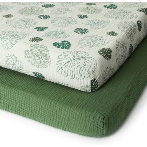 Blissful Diary Muslin Mini Crib Sheets, Pack and Play Mattress Sheets Fitted for Pack N Play, Soft Cotton for Boys Girls, 2 Pack(Monstera&Dark Green)