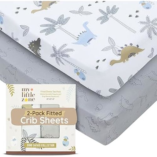 Baby Dinosaur Crib Sheets for Boys & Girls Toddler Bed Sheets Cotton Fitted Crib Sheet Neutral Sets 28"x52", 8" Deep Pocket, Baby Mattress Sheet 2Pack 100% Cotton, Designed in France, Grey-White