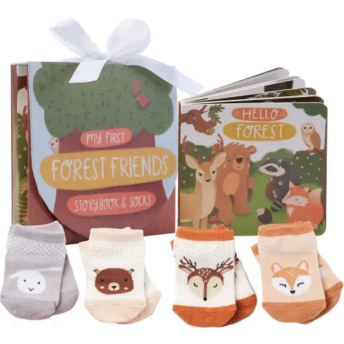 Tickle & Main Registry Gift Set - 5 Pieces, Forest Friends, 0-12 Months - Baby Socks Newborn & Hello Forest Board Book - Newborn Set, Gender Neutral