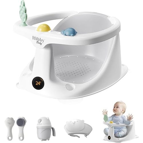 Siège de bain pour bébé | Marque canadienne | Thermomètre intégré, brosse à cheveux en silicone, tasse de rinçage, bonnet de bain, jouets | Bain assis en toute sécurité | Gris