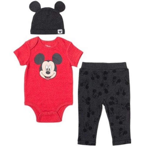 Disney Classics Winnie the Pooh Lion King Bambi Baby Bodysuit Pants and Hat 3 Piece Outfit Set Newborn to Infant, Color: Mickey mouse, Size: 12 months