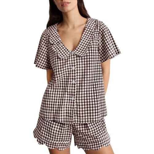 Kissonic Womens Gingham Pajama Set 2 Piece Scalloped Edge Plaid Babydoll Pjs Short Sleeve Cotton Sleepwear Lounge Set