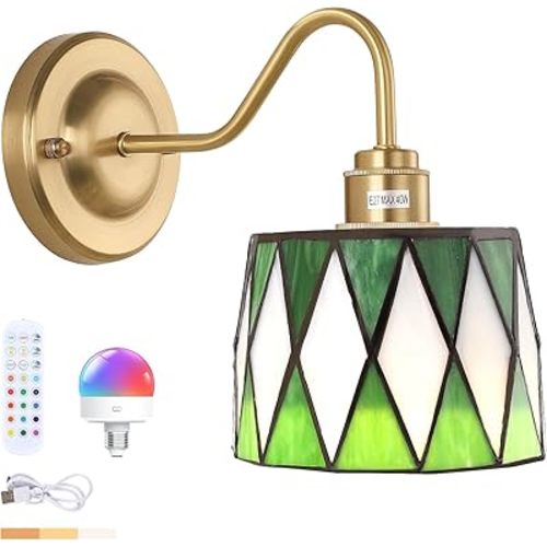 Vintage Battery Operated Wall Sconce with Remote, Rechargeable LED Wall Lamp 3 Colors Dimmable, Gold Wall Lights Fixture for Bedroom Bathroom Living Room Hallway Green Checker
