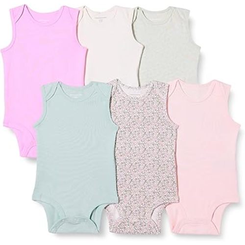 Amazon Essentials Unisex Babies' Sleeveless Cotton Rib Bodysuits, Pack of 6 Color: Multi color/honey size: 3-6 months