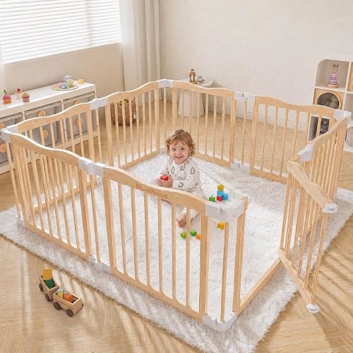BlueWood Wooden Playpen for Babies & Toddlers, 8 Panels Expandable & Foldable Baby Play Yard, Baby Fence with Door, for Living Room/Nursery/Playroom - Safe Crawling Space (56"x56")