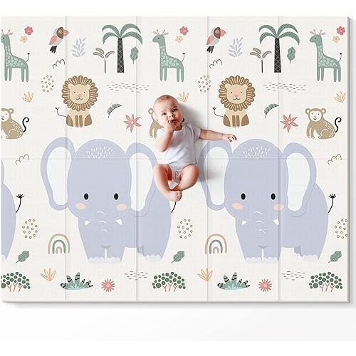NOONKTY 79x71 Extra Large Baby Play Mat for Floor, Foldable Foam Playmat for Babies 0-12 Months & Kids, Non-Toxic Waterproof Baby Mat for Floor, Thick Playpen Mat for Tummy Time Crawling, Monkey