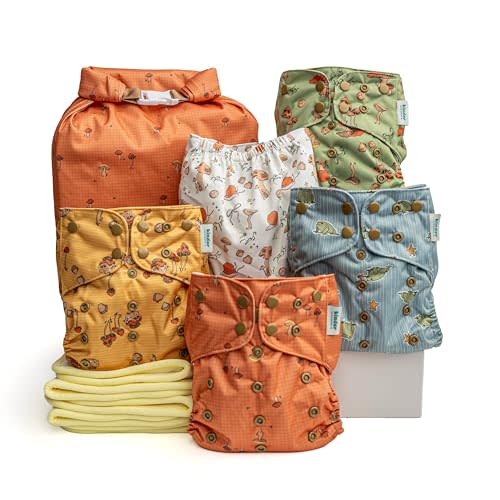 Kinder Cloth Diapers Reusable Baby Diapers Pocket Style Athletic Wicking Jersey, Bamboo Viscose Inserts, Wet Bag, Newborn to Potty Training 7-60lbs, One Size (Forest Fairytale, 5 Pack, with Inserts)