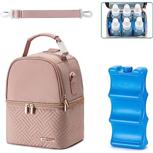 Breastmilk Cooler Bag with Ice Pack Fits 6 Baby Bottles up to 9 Ounce, Breast Milk Pump Cooler Bag with Shoulder Strap for Nursing Mom Daycare, Work, Travel- Pink