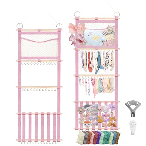 Munzong Headband Holder 52x17 inch, Pink Hair Bow Clip Organizer for Baby Girls, 4 Tier Wall Hanging Headband Shelf w/Mesh Bag, Large Nursery Hair Accessories Storage Hanger for Toddler Women