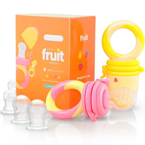 Baby Food Feeder/Fruit Feeder Pacifier Nibbler (2 Pack) - Infant Teething Toy Teether Weaning in Appetizing Colors | + Additional Silicone Sacs