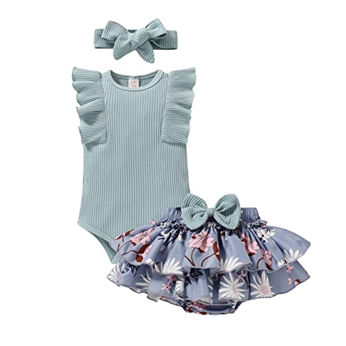Tiny Cutey Baby Girl Clothes Infant Summer Outfits Set Ruffle Sleeve Romper and Floral Shorts with Headband