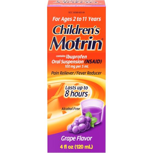 Children's Motrin Oral Suspension Medicine, Children's Liquid Ibuprofen Pain Reliever & Fever Reducer for Kids Minor Aches & Pains, 100mg per 5mL, Alcohol-Free, Grape Flavor, 4 fl. oz