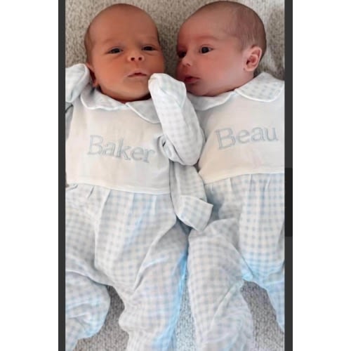 Newborn Baby Boy Coming Home Footed Pajama, Blue Gingham Take Home Outfit Monogram Onesie Sleeper, Personalized Take Home Layette Set Cotton